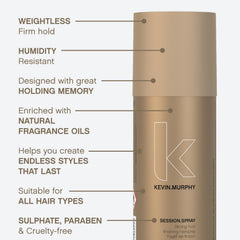 Kevin Murphy Session Strong Hold Finishing Spray mist-application view for even styling.