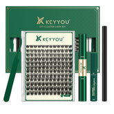 KEYYOU lash clusters kit assembly shows an all-in-one DIY lash solution for beginners.