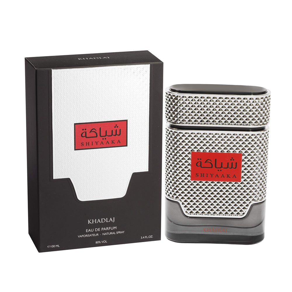 Khadlaj Shiyaaka Silver bottle front signals a long lasting fragrance option.