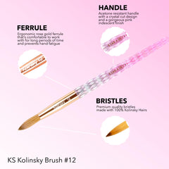 Kiara Sky acrylic brush 12 pink acetone-resistant base for durability.