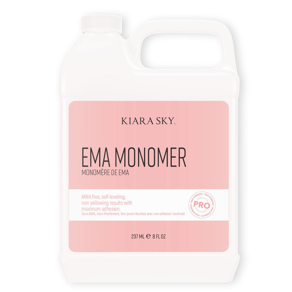 Kiara Sky EMA Monomer bottle pour highlights self-leveling performance for smooth acrylic beads