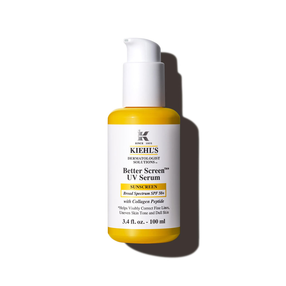 Kiehl's Better Screen UV Serum bottle closeup shows lightweight SPF 50+ protection