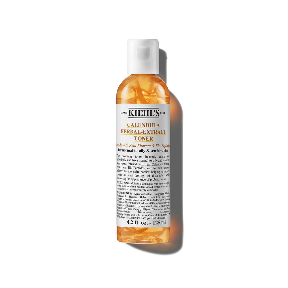Kiehl's Calendula Herbal Extract Toner bottle shows a soothing, alcohol-free formula for calm skin
