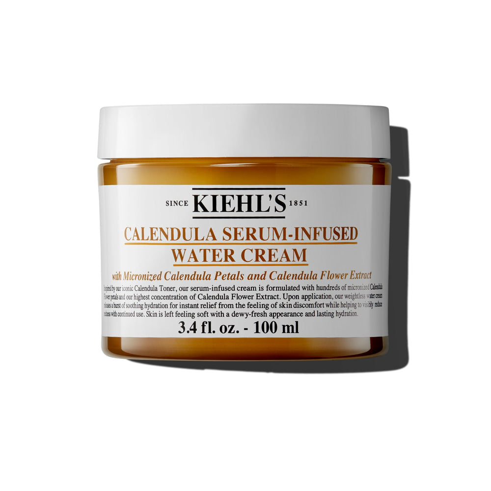 Kiehl's Calendula Serum Infused Water Cream jar close-up for soothing, all-day hydration