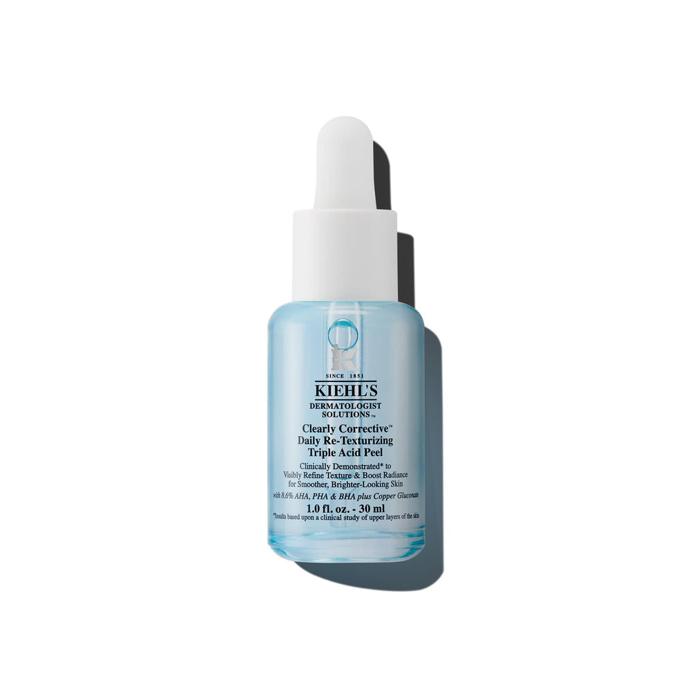 Kiehl's Clearly Corrective triple acid peel serum bottle closeup showing gentle exfoliation and pore refinement