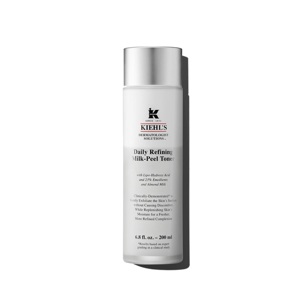 Kiehl's Daily Refining Milk-Peel Toner bottle close-up highlighting gentle exfoliation and hydration.