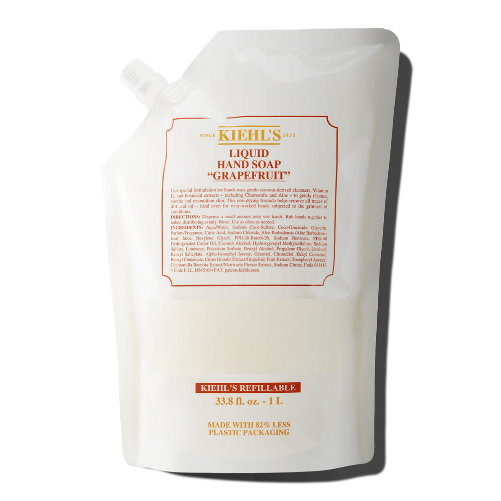 Kiehl's Grapefruit liquid hand soap bottle shows refreshing cleansing with hydrating benefits.