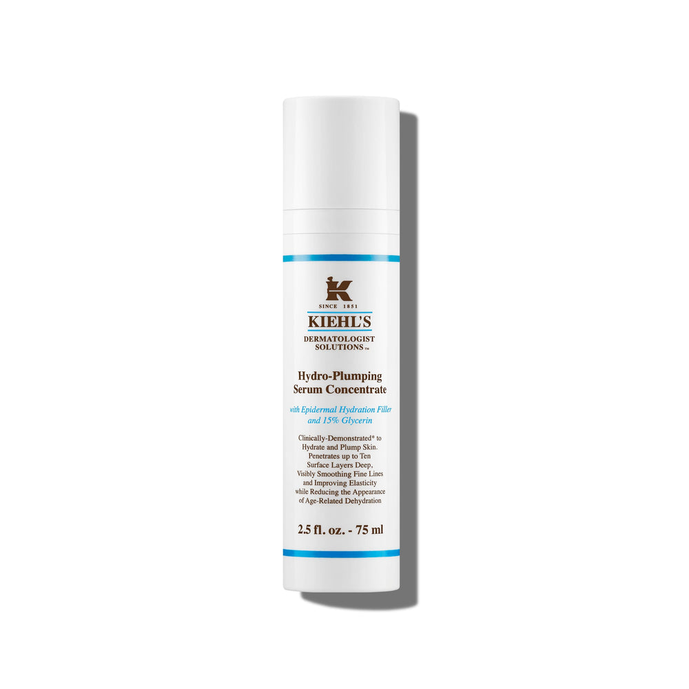 Kiehl's Hydro-Plumping serum bottle close-up emphasizing hydration and plump-looking skin.