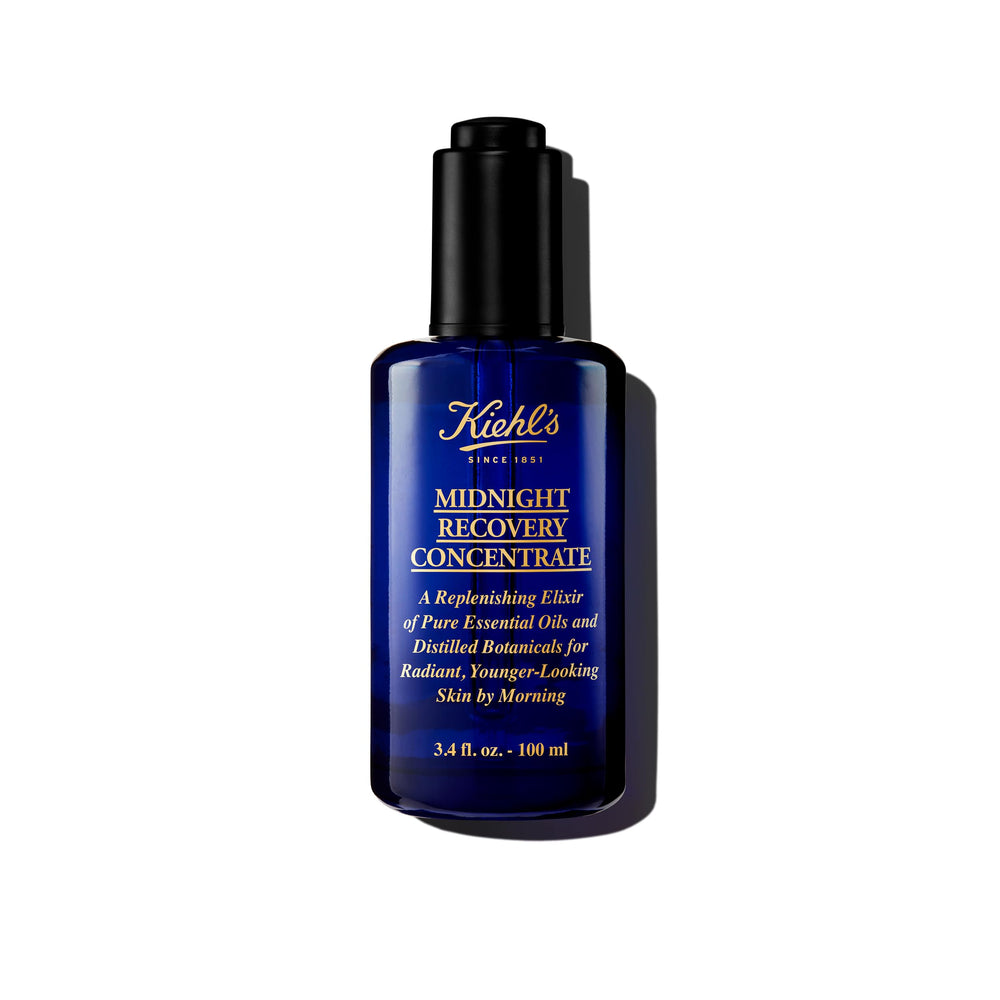 Kiehl's Midnight Recovery Concentrate bottle glows with overnight hydration.