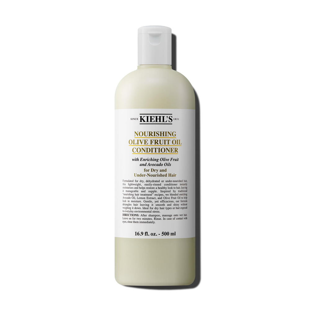 Kiehl's Nourishing Olive Fruit Oil Conditioner bottle showing lightweight hydration for dry hair.