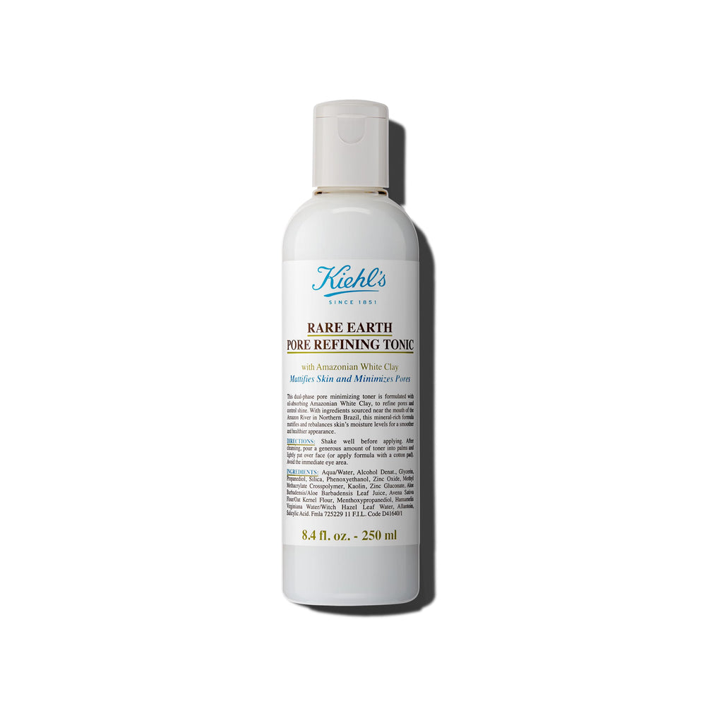 Kiehl's Rare Earth Toner bottle front; fragrance-free formula for oil control and pore refinement.
