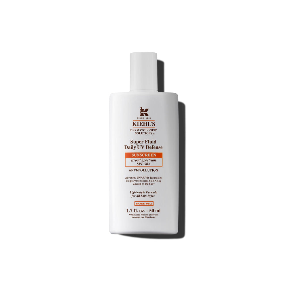 Kiehl's Super Fluid UV Defense bottle front shows lightweight matte protection for daily wear.