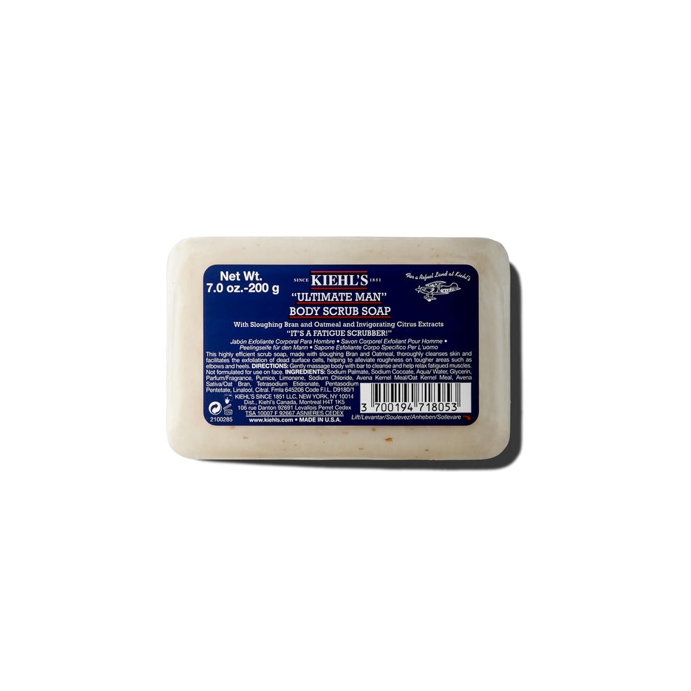 Kiehl's Ultimate Man Body Scrub bar packaging and bar for a deep cleansing routine.