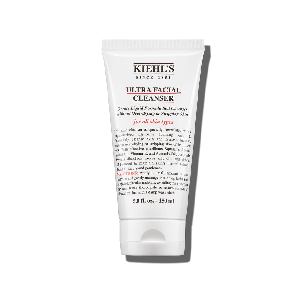 Kiehl's Ultra Facial Cleanser foamy lather close-up demonstrates gentle cleansing for all skin types.