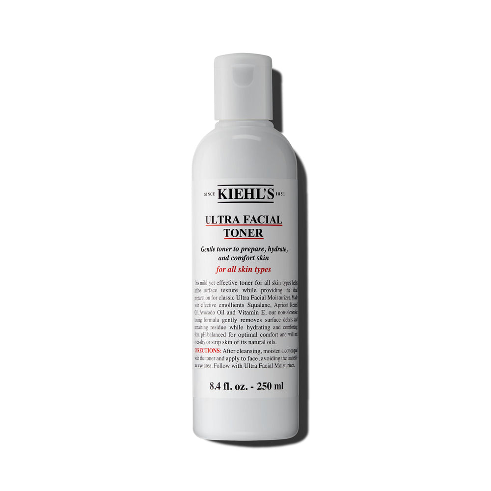 Kiehl's Ultra Facial Toner bottle close-up shows a hydrating, alcohol-free toner for balanced skin.