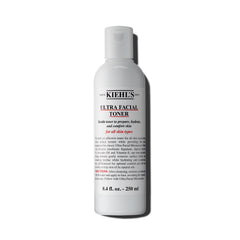 Kiehl's Ultra Facial Toner bottle close-up shows a hydrating, alcohol-free toner for balanced skin.