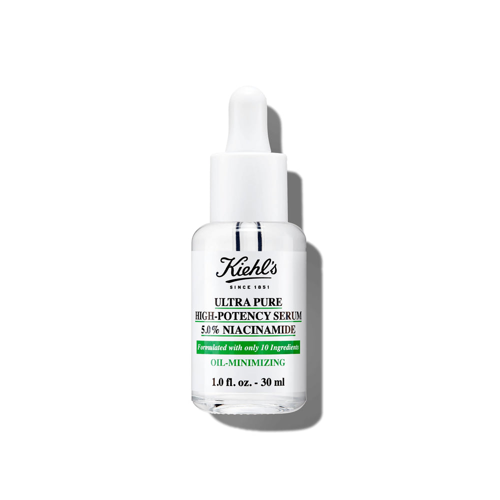 Kiehl's Ultra Pure Niacinamide Serum bottle close-up for oil control and natural glow.