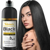Kilomets BLACK Hair Dye Shampoo bottle highlights a fast at-home gray coverage option.