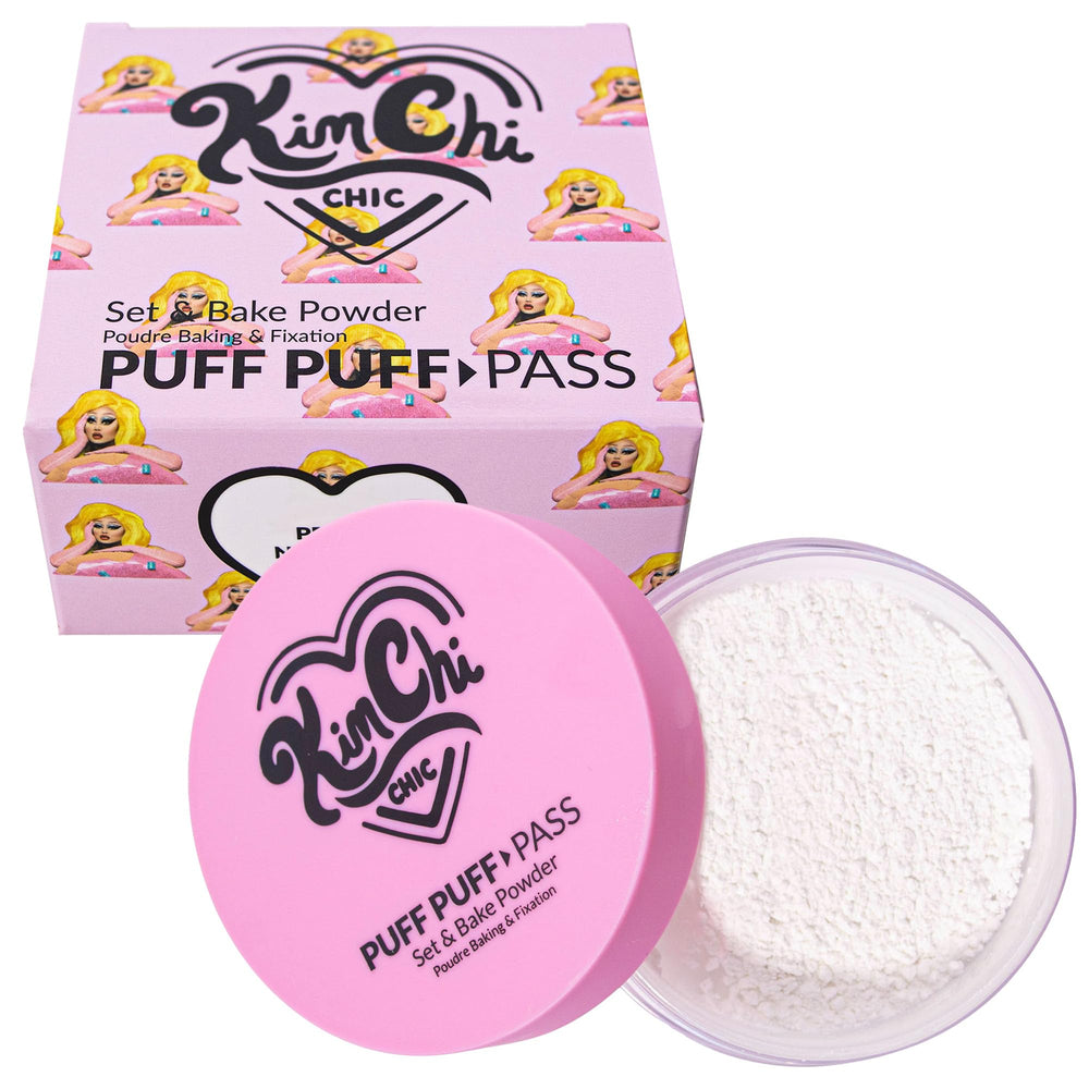 Kimchi Chic Puff Puff Pass set bottle closeup shows ivory lavender powder for balanced pale skin.