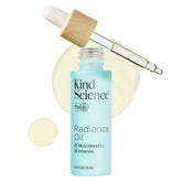 Kind Science Radiance Oil bottle demonstrates a lightweight, hydrating formula for all skin types.