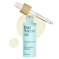Kind Science Radiance Oil bottle demonstrates a lightweight, hydrating formula for all skin types.