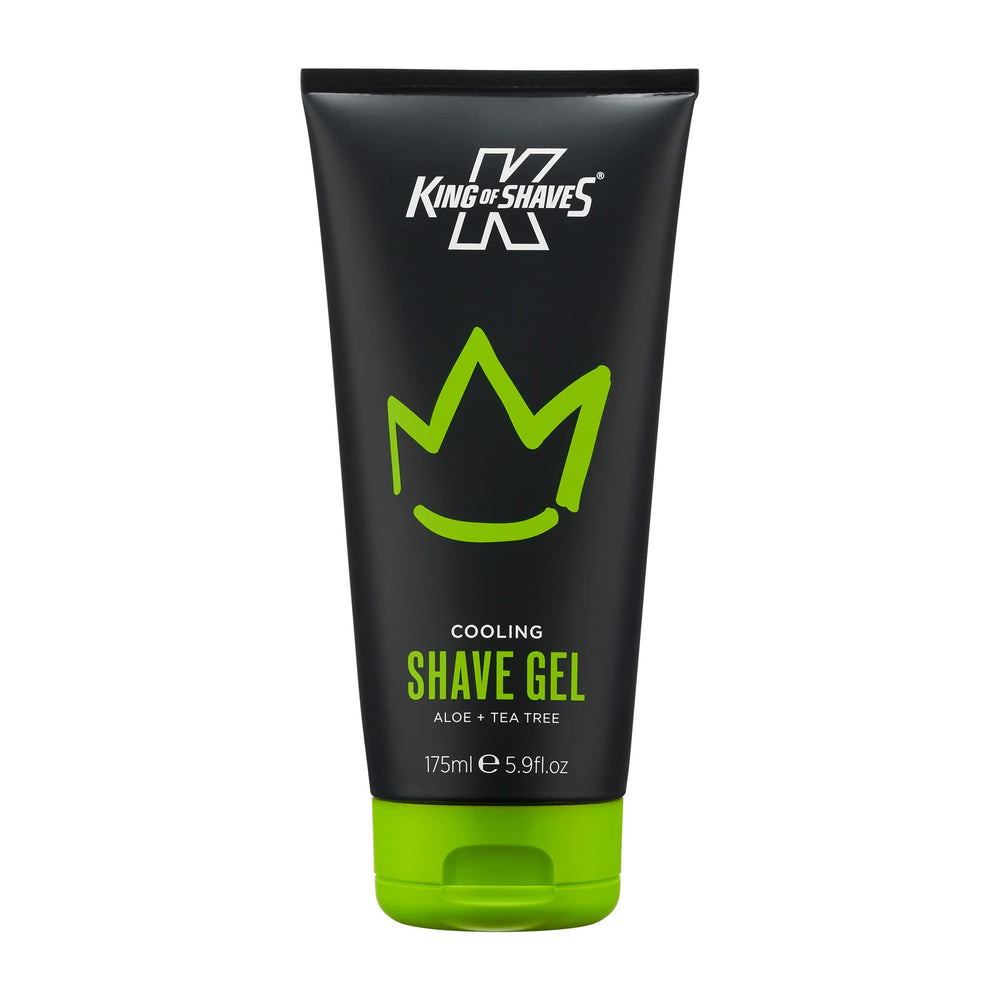 King of Shaves cooling shave gel bottle shows clear gel for precise, comfortable shaving.