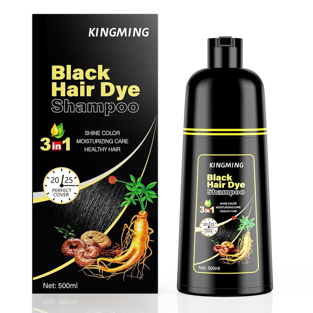 Kingming Black Hair Dye Shampoo bottle for convenient gray hair coverage at home.