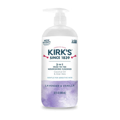 Kirk's 3-in-1 Nourishing Cleanser bottle pump delivers convenient head-to-toe cleansing.