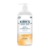 Kirk's 3-in-1 cleanser bottle front shows citrus twist for everyday cleansing and hydration