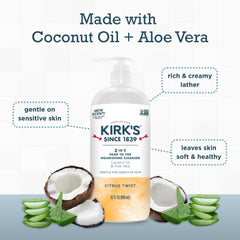 Kirk's 3-in-1 pump bottle emphasizes gentle, moisturizing head-to-toe cleansing