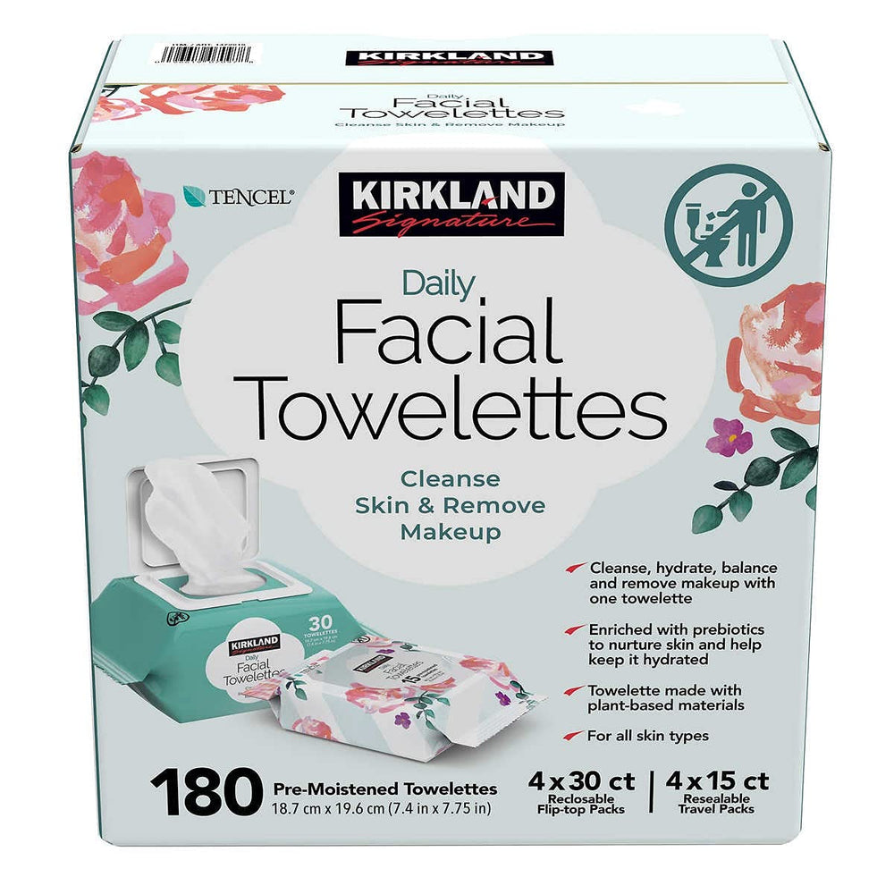 Kirkland Signature Daily Facial Towelettes pack front shows convenient daily cleansing.