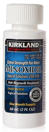 Kirkland Signature Minoxidil 5% bottle close-up for easy daily scalp application