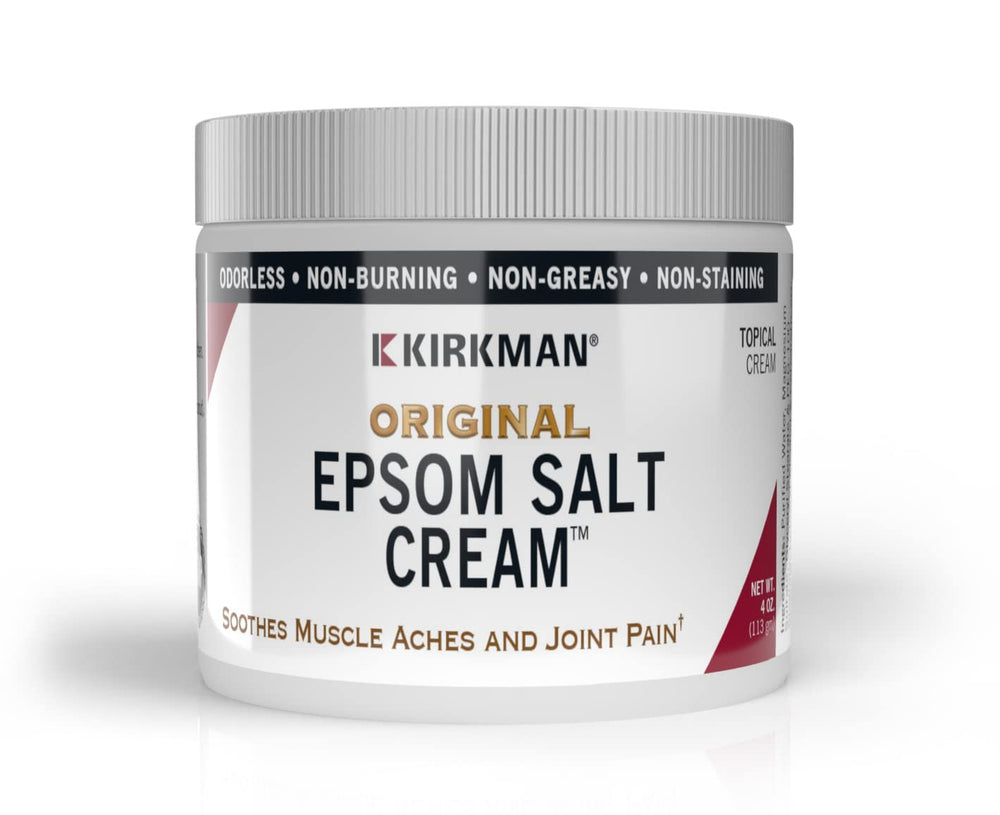 Kirkman epsom-salt-cream jar demonstrates easy daily application and non-greasy feel.