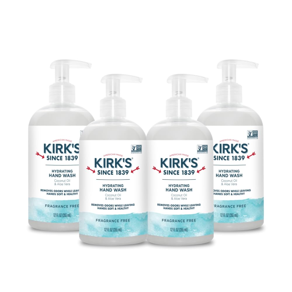 Kirk's Hydrating Hand Wash bottle with coconut oil and aloe vera for soft skin.