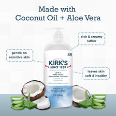 Kirk's mint-eucalyptus scent shampoo and body wash with creamy lather for refreshing showers.