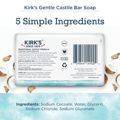 Kirk's soap bar side view highlights 4 oz pack and value.
