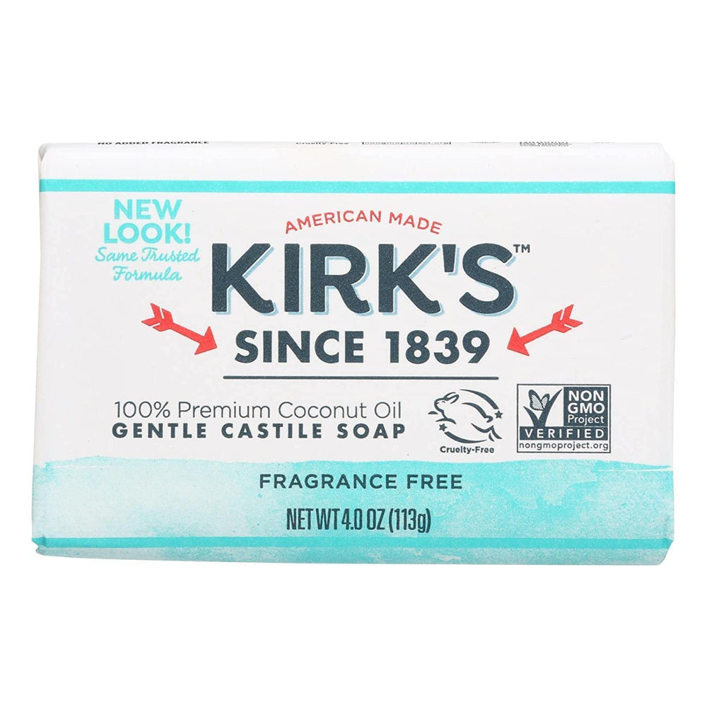 Kirk's Original Coco Castile Soap fragrance-free pack front—fragrance-free cleansing for the family.