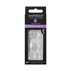 KISS imPRESS no-glue pedicure toenails in sparkling white-silver for quick, long-lasting wear.