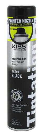 KISS Kiss Tintation black spray bottle shows bold color with fast dry time and smudge-proof finish.