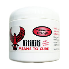 Kitikiti Scalp & Skin Treatment jar, showcasing maximum-strength formula for irritated scalps and flaky skin.