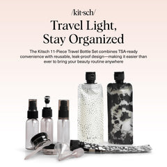 Kitsch 11-piece travel bottles 30ml pump bottles, secure and leak-free during flights.