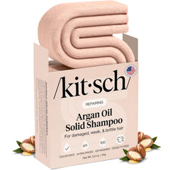 Kitsch Argan Oil Shampoo Bar packaging highlights eco-friendly, travel-ready design.