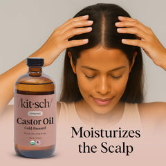 Kitsch Castor Oil amber glass bottle closeup highlighting cold-pressed purity for hair and skin
