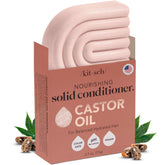 Kitsch castor oil conditioner bar packaging highlights eco-friendly, travel-ready design.