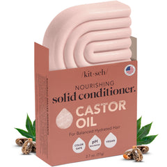 Kitsch castor oil conditioner bar packaging highlights eco-friendly, travel-ready design.
