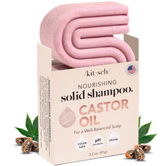 Kitsch Castor Oil Shampoo Bar packaging highlighting eco-friendly, USA-made design