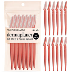Kitsch Dermaplane Razor face close-up shows gentle exfoliation and peach fuzz removal for radiant skin.