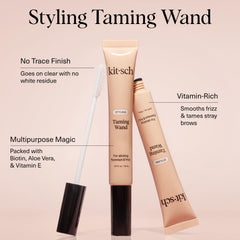 Close-up of Kitsch Fly Away Stick application for precise frizz control.