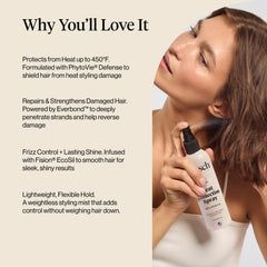 Kitsch heat protection spray close-up shows light, non-greasy finish.