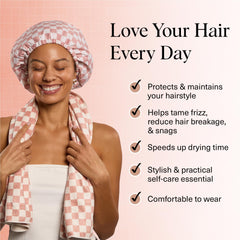 Kitsch Love & Comfort adjustable-wire shower cap demonstrates secure fit for all hair types.